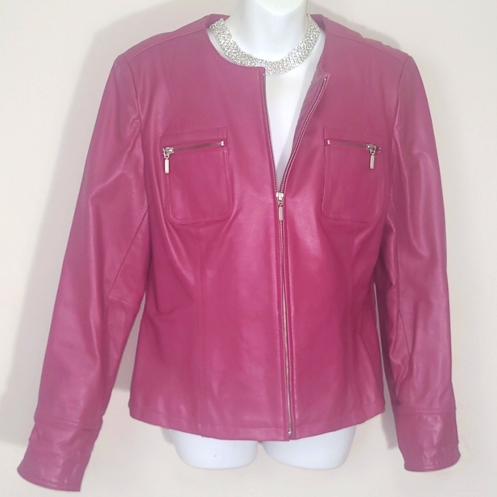 Vintage Fuchsia Pink Leather Jacket Zip Front Lined John Paul Richard Size S
